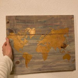 Hand painted gold and watercolor world map art on wood